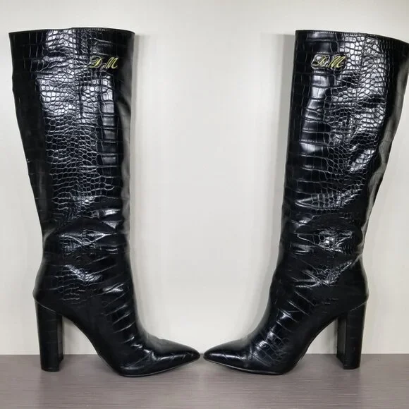 Steve Madden Triumph Croc-Embossed Boots, Black Faux Leather, Womens Size 8 M - Picture 6 of 11